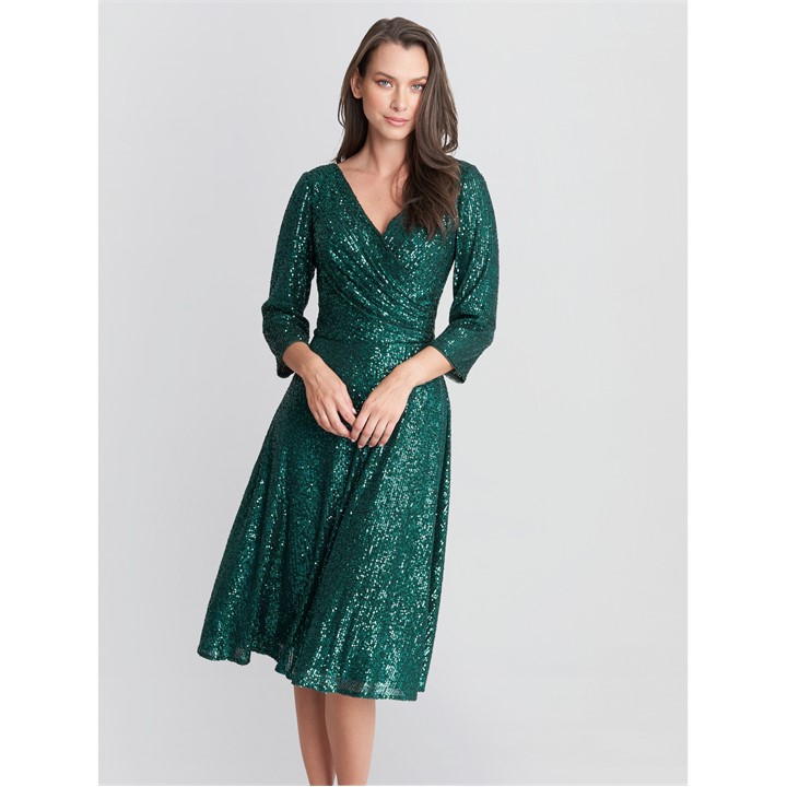 Gina Bacconi Libbie Midi A-Line Sequin Dress - Green