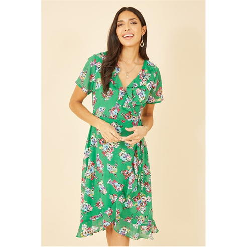 Yumi - Green Floral Frill Wrap Midi Dress