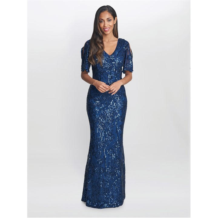 Gina Bacconi Jeselle Long A-Line Sequin Dress - Blue