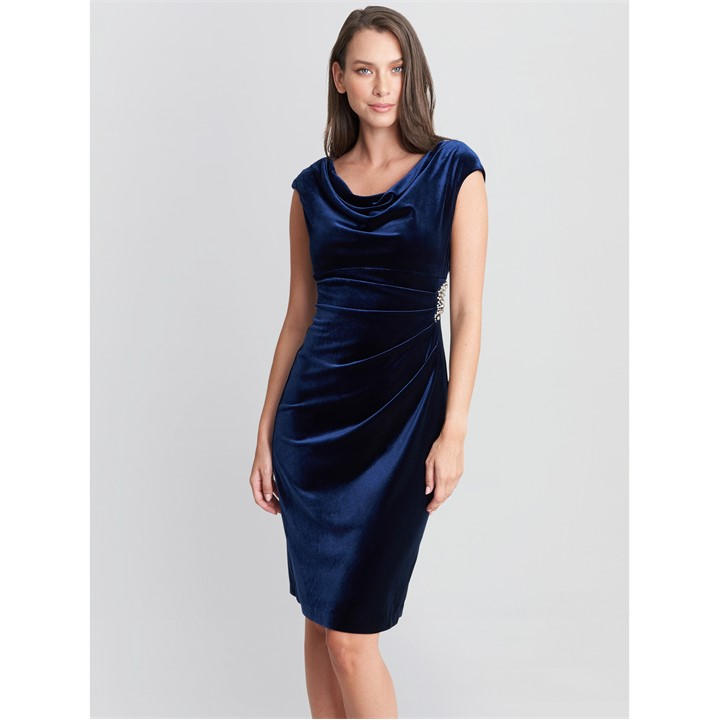 GINA BACCONI JEANIE VELVET COWL NECK DRESS