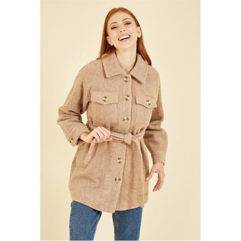 Yumi - Beige Button Down Shacket With Tie Belt
