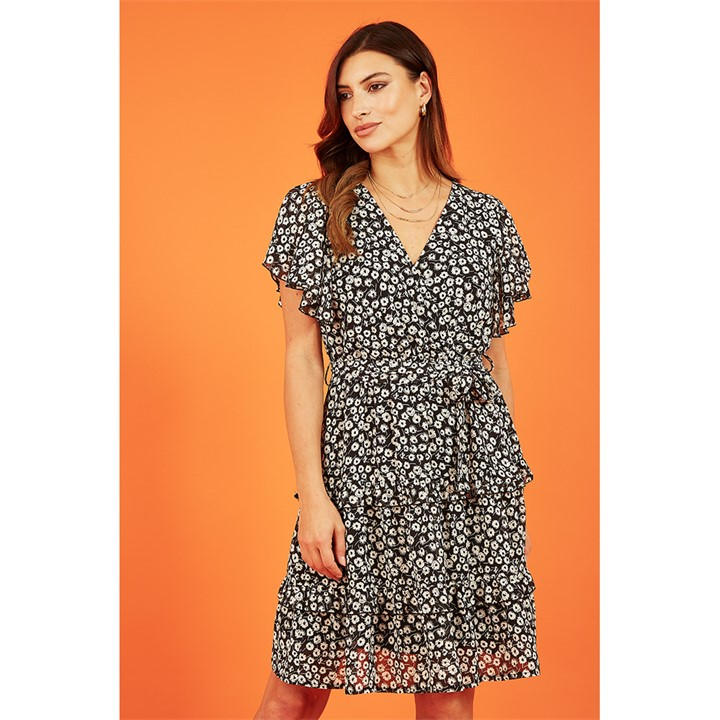 MELA LONDON BLACK FLORAL WRAP SKATER DRESS