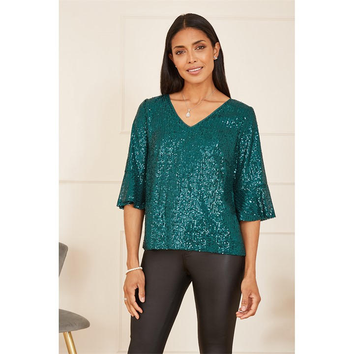 Yumi Women's Green Sequin Top With Fluted Sleeve