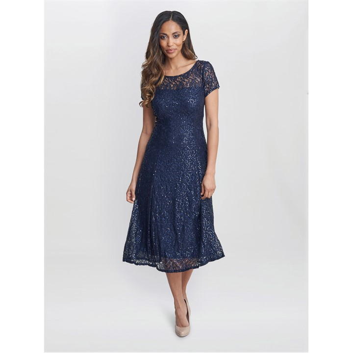 Gina Bacconi Genny Cap Sleeve Midi Sequin Lace Dress - Blue