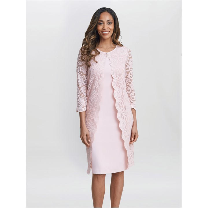 Gina Bacconi Clarabelle Mock Lace Jacket Crepe Dress - Pink