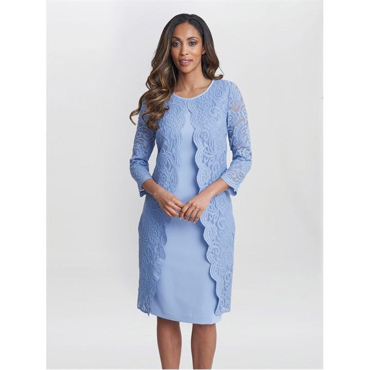Gina Bacconi Clarabelle Mock Lace Jacket Crepe Dress - Blue