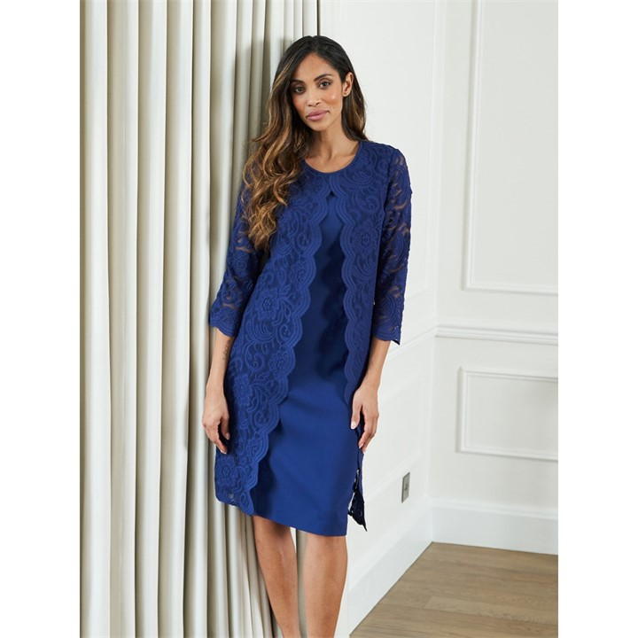 Gina Bacconi Clarabelle Mock Lace Jacket Crepe Dress - Blue