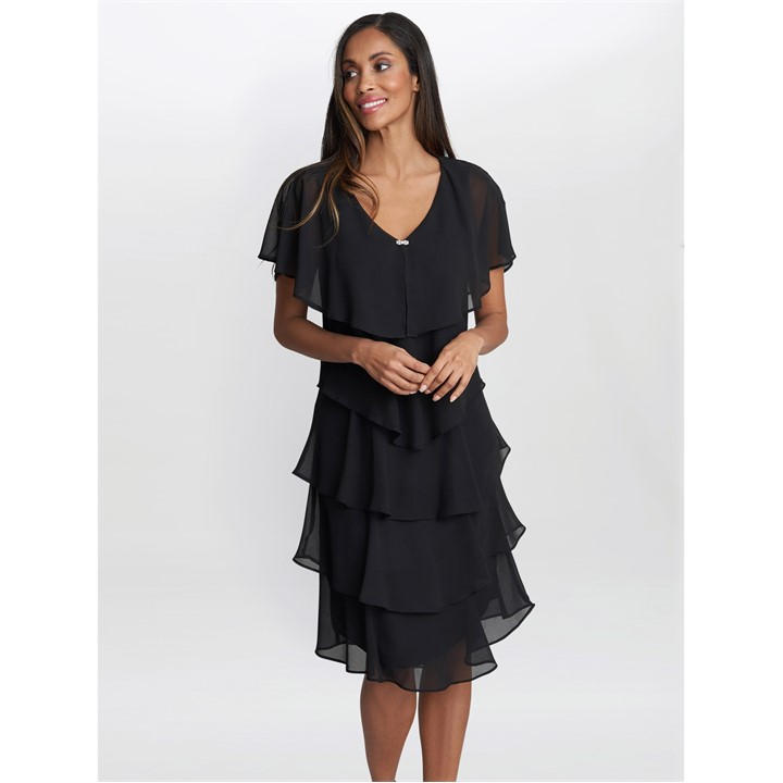 GINA BACCONI LONA GEORGETTE TIERS SHORT CAPELET DRESS