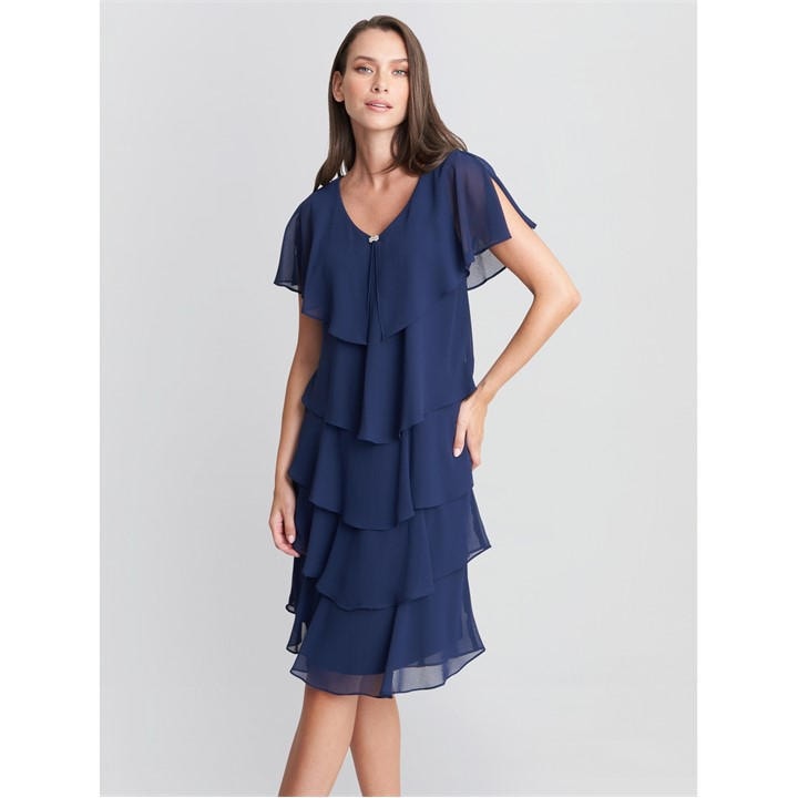 GINA BACCONI LONA GEORGETTE TIERS SHORT CAPELET DRESS
