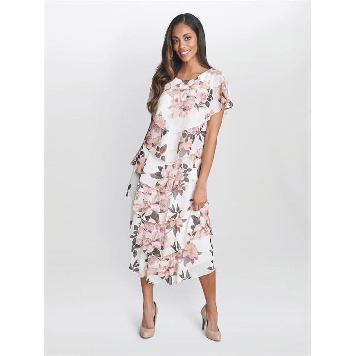 Gina Bacconi Alice Midi Printed Tiered Dress - White