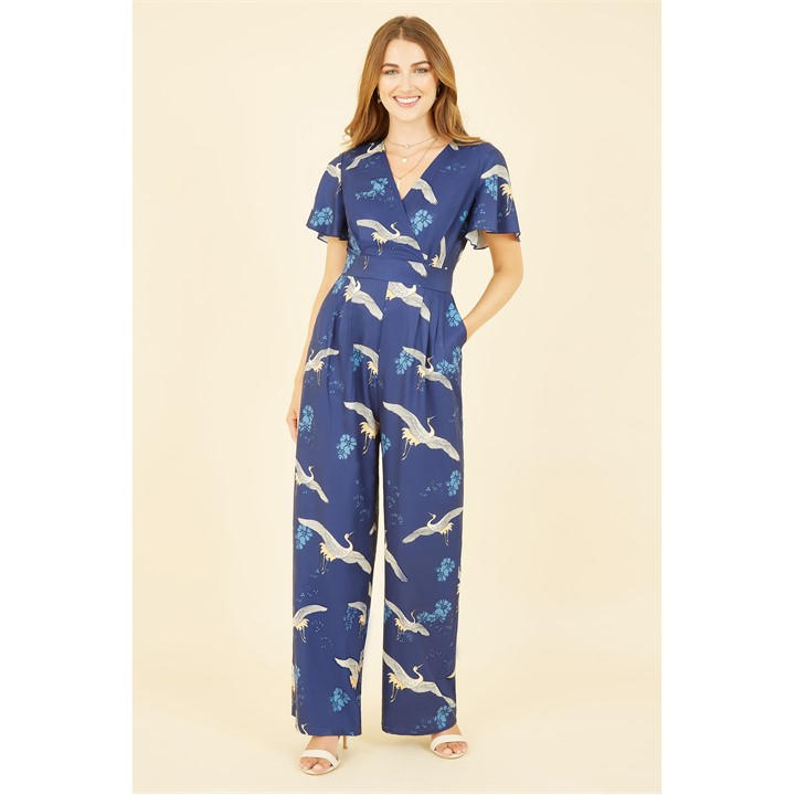 Yumi Women's Blue Navy Crane Print Angel Sleeve Jumpsuit Size 10