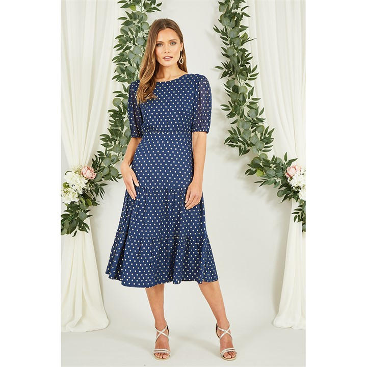 Mela London Navy Gold Foil Spot Midi Dress - Blue