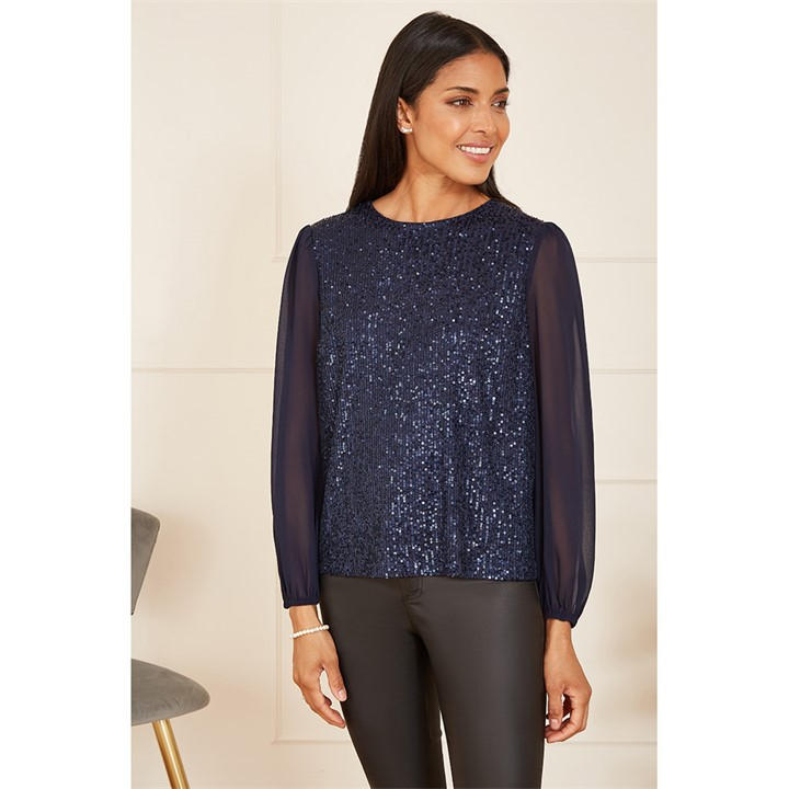Yumi Women's Blue Navy Sequin Top With Sheer Sleeves