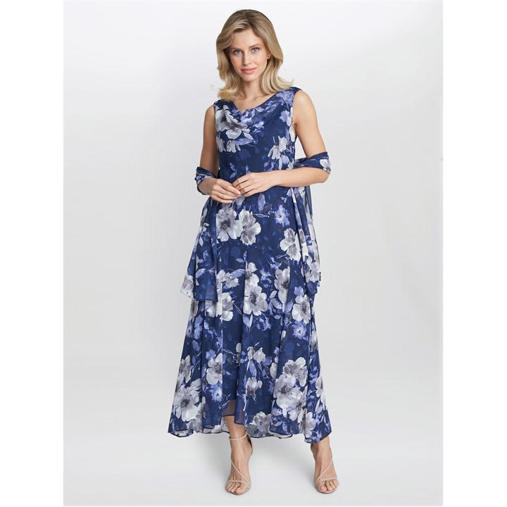 Gina Bacconi Dahlia Midi Printed Dress And Shawl - Blue
