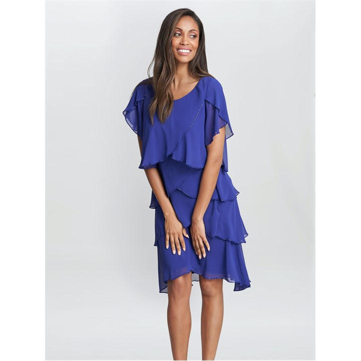 GINA BACCONI TRYSTA BUGLE BEADED TRIM TIERED DRESS