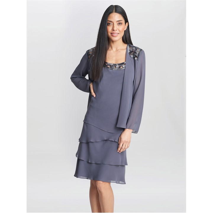Gina Bacconi Leigh Embellished Tiered Jacket Dress - Silver
