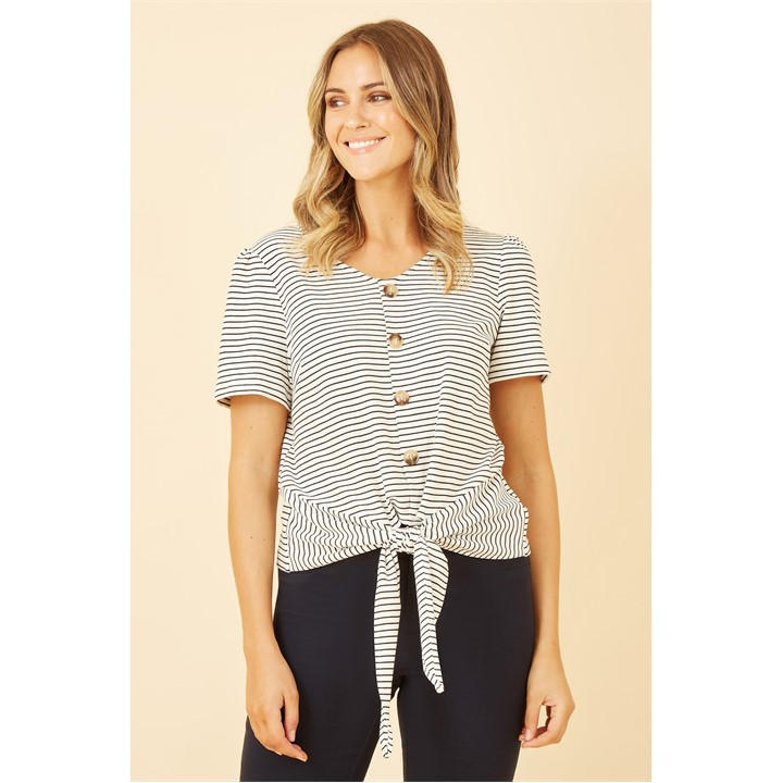 Yumi White Striped Jersey Button Detail Top
