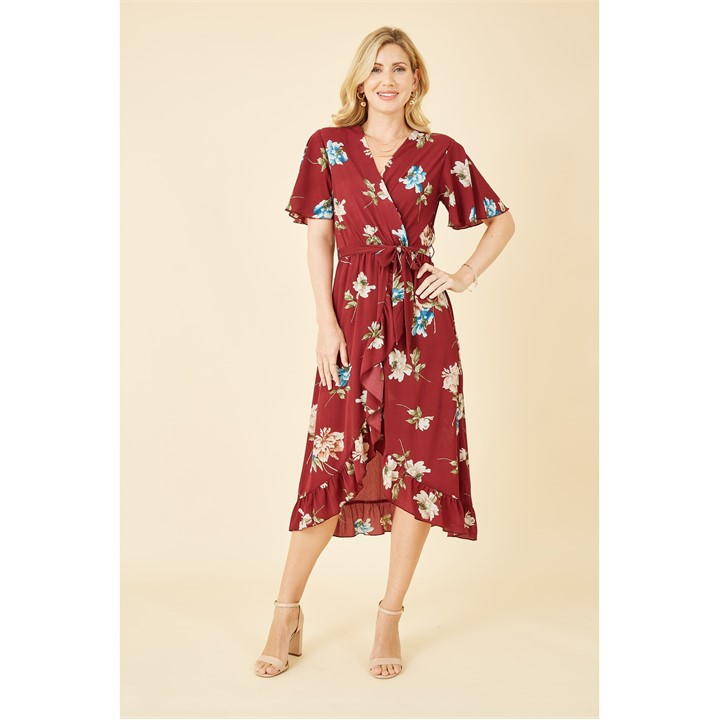 Mela London Red Floral Dip Hem Wrap Midi Dress