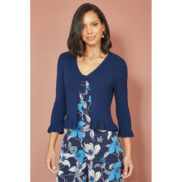 Yumi Women's Blue Navy Tie Up Ribbed Cardigan