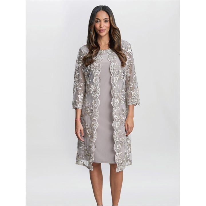 Gina Bacconi Daryl Embroidered Mock Jacket Dress - Beige