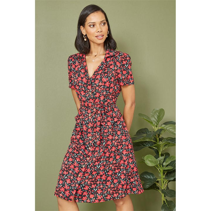 Yumi Red Poppy Print Retro Shirt Dress - Black