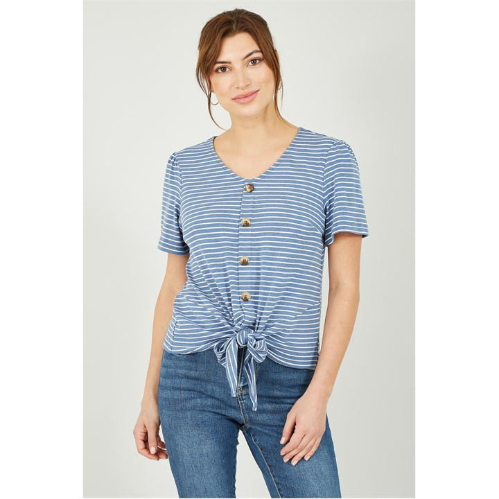 Yumi Women's Blue Striped Jersey Button Detail Top