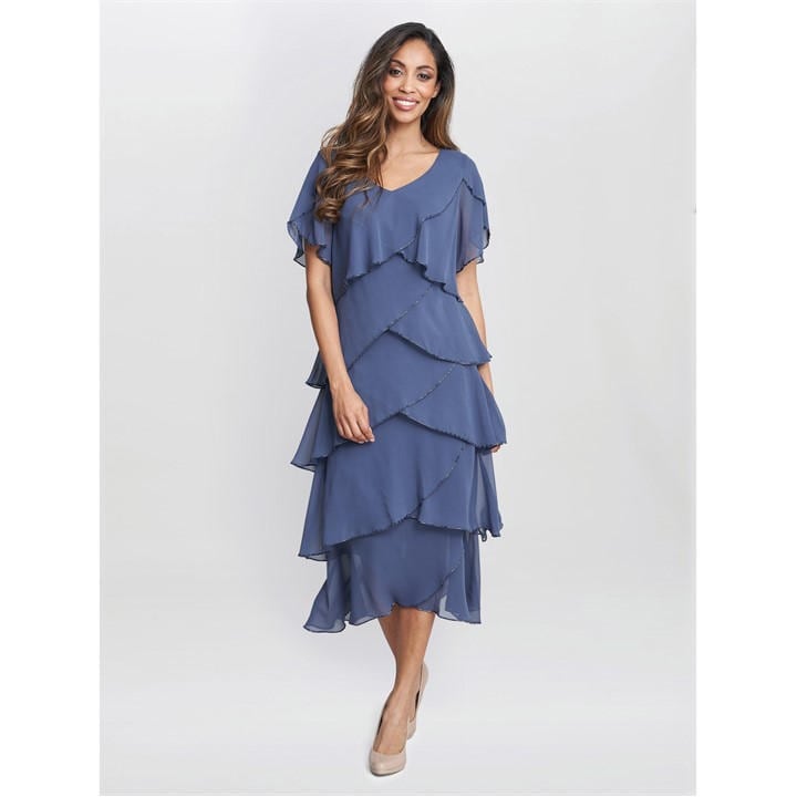 Gina Bacconi Fleur Midi V Neck Tier Dress - Blue