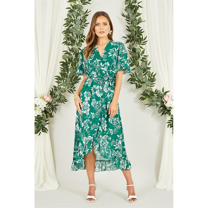 Mela London Green Floral Wrap Midi Dress