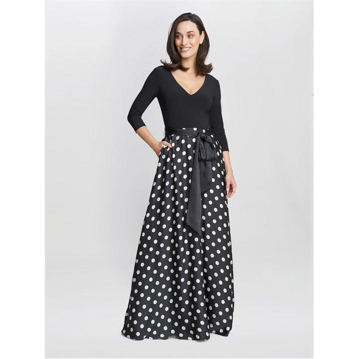 GINA BACCONI CHRISTINA SPOT PRINT SATIN JERSEY DRESS