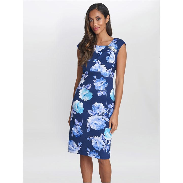 Gina Bacconi Magda Printed Shift Dress With Trim - Blue