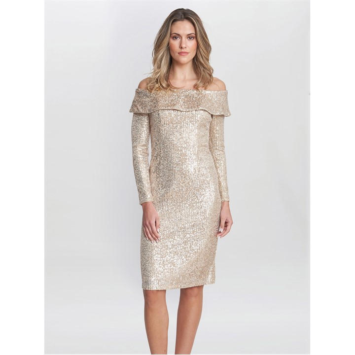 Gina Bacconi Anthea Off The Shoulder Sequin Dress - Beige