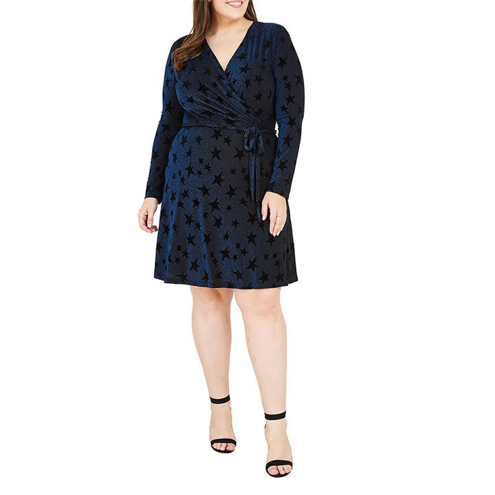 Yumi Navy Velour Star Wrap Dress - Blue