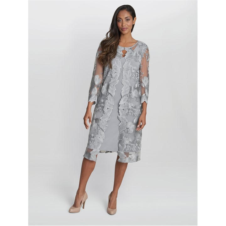 Gina Bacconi Savoy Embroidered Lace Mock Jacket Dress - Grey