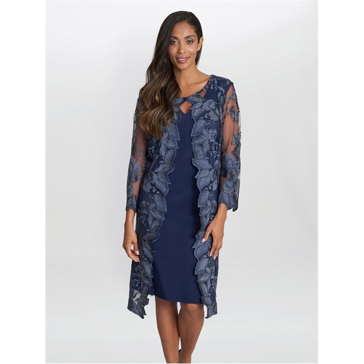 Gina Bacconi Savoy Embroidered Lace Mock Jacket Dress - Blue