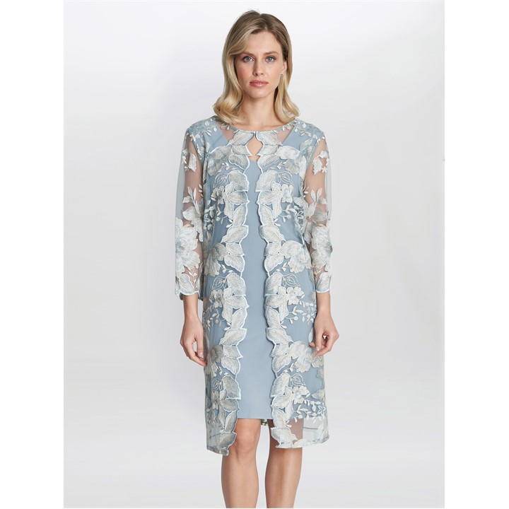 Gina Bacconi Savoy Embroidered Lace Mock Jacket Dress - Blue