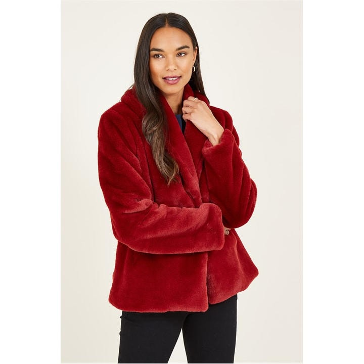 Yumi Women's Red Short Wrap Faux Fur Coat