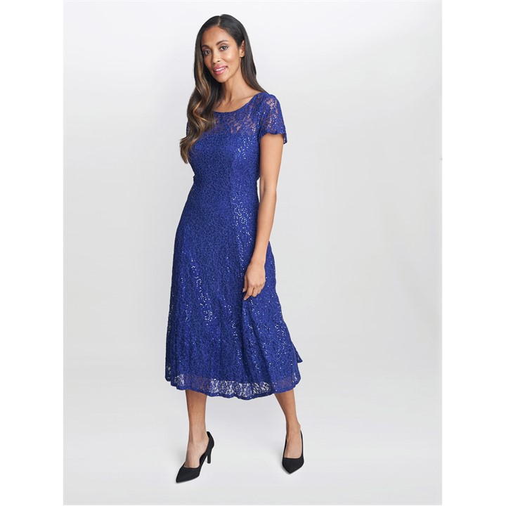 Gina Bacconi Demi Cap Sleeve Midi Sequin Lace Dress - Blue