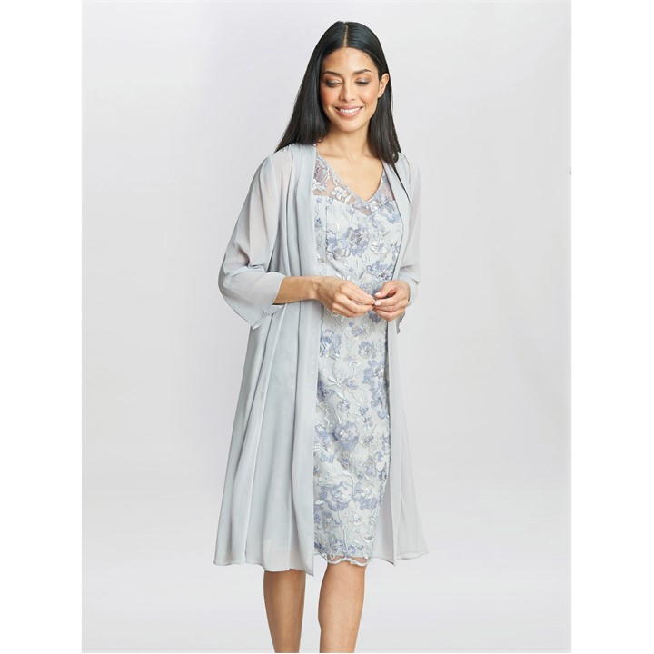 Gina Bacconi Tracy Embroidered Dress & Chiffon Jacket - Blue