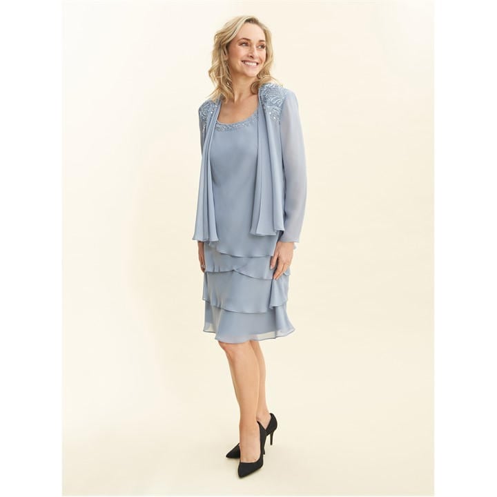 Gina Bacconi Camira Lace Shoulder Tier Jacket Dress - Grey