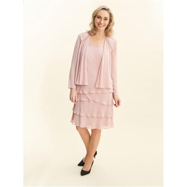 Gina Bacconi Camira Lace Shoulder Tier Jacket Dress - Pink