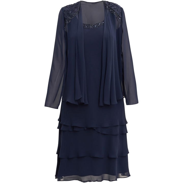 Gina Bacconi Camira Lace Shoulder Tier Jacket Dress - Blue