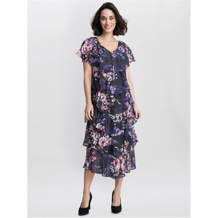Gina Bacconi Leticia Floral Print Midi Tiered Dress - Black