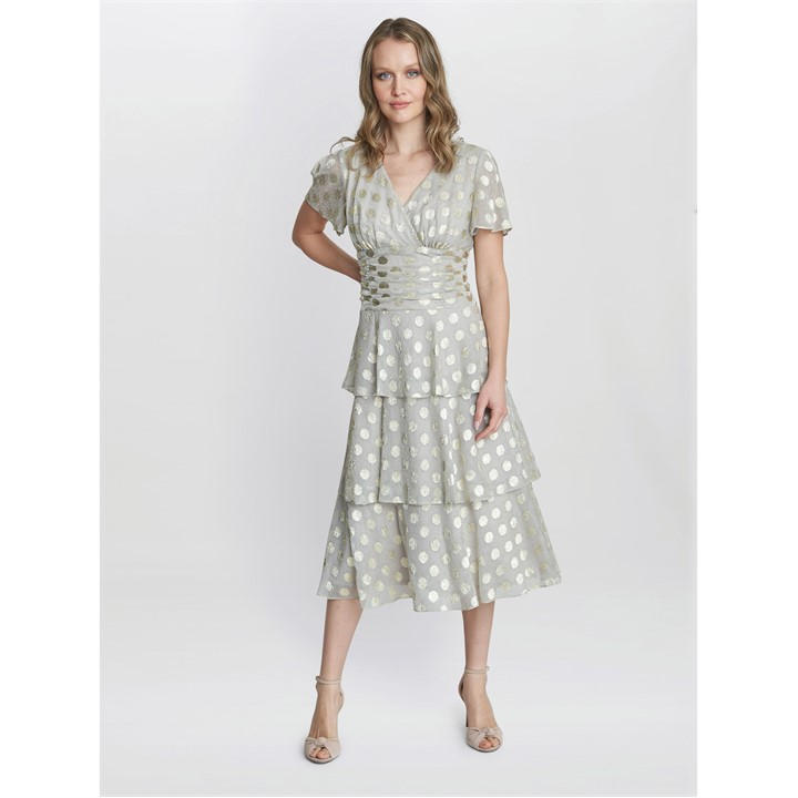 Gina Bacconi Cassie Polka Dot Midi Tier Dress - Gold