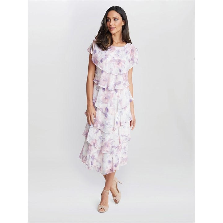 Gina Bacconi Phoebe Midi Printed Tiered Dress - Purple