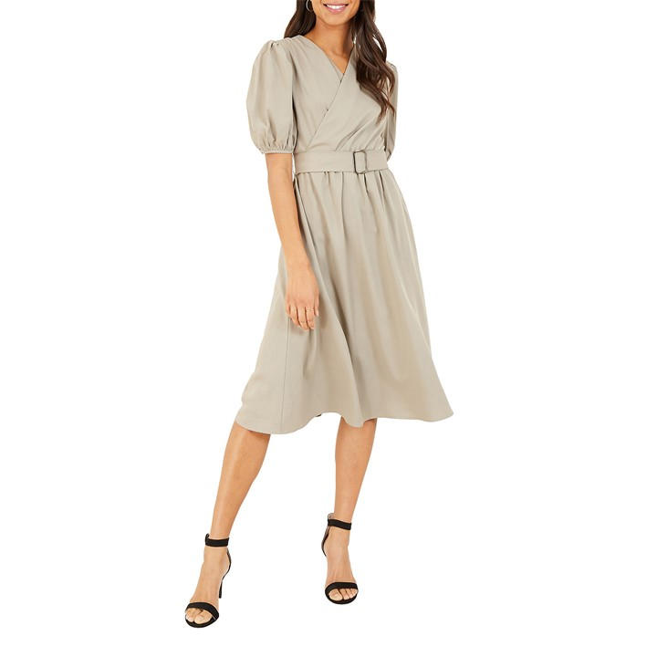 Yumi Puff Sleeve Belted Midi Dress In Grey