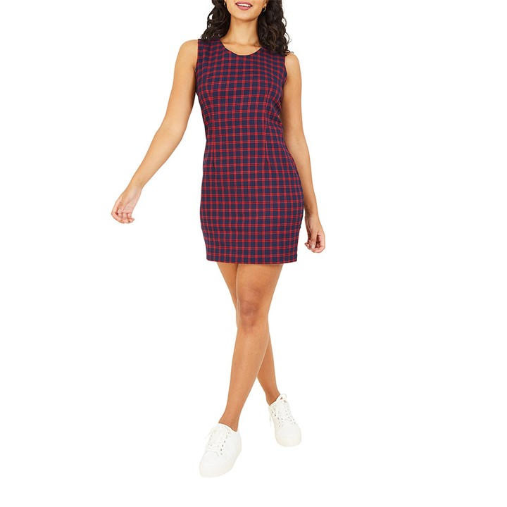 Yumi Check Fitted Bodycon Dress In Navy - Blue