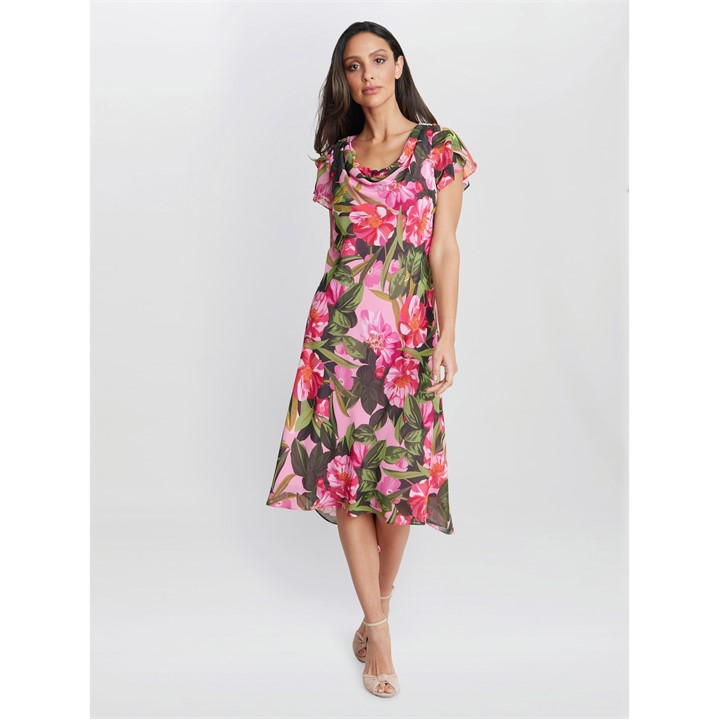 Gina Bacconi Ophelia Midi Printed Cowl Neck Dress - Pink