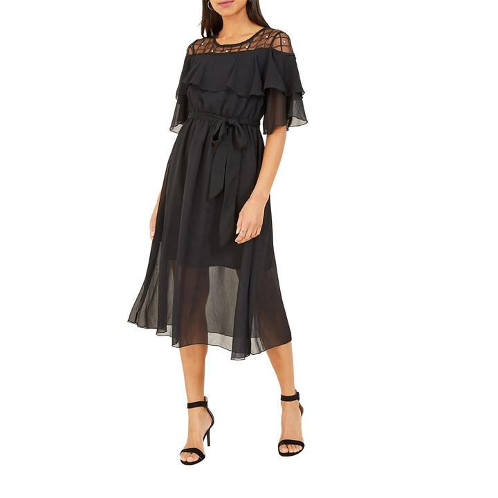 Yumi Lace Frill Midi Dress In Black