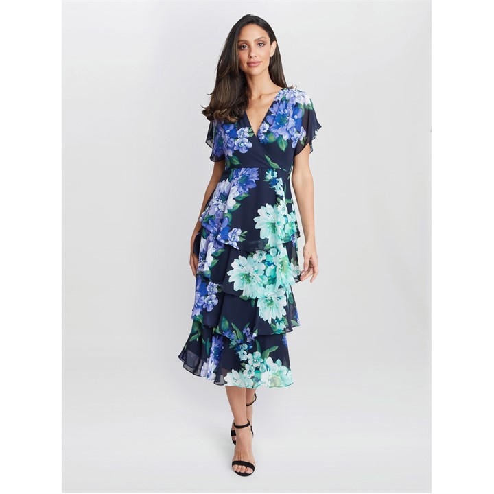 Gina Bacconi Marie Midi Printed Tiered Dress - Blue