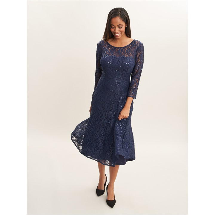 Gina Bacconi Elianna Midi Sequin Lace Cocktail Dress - Blue